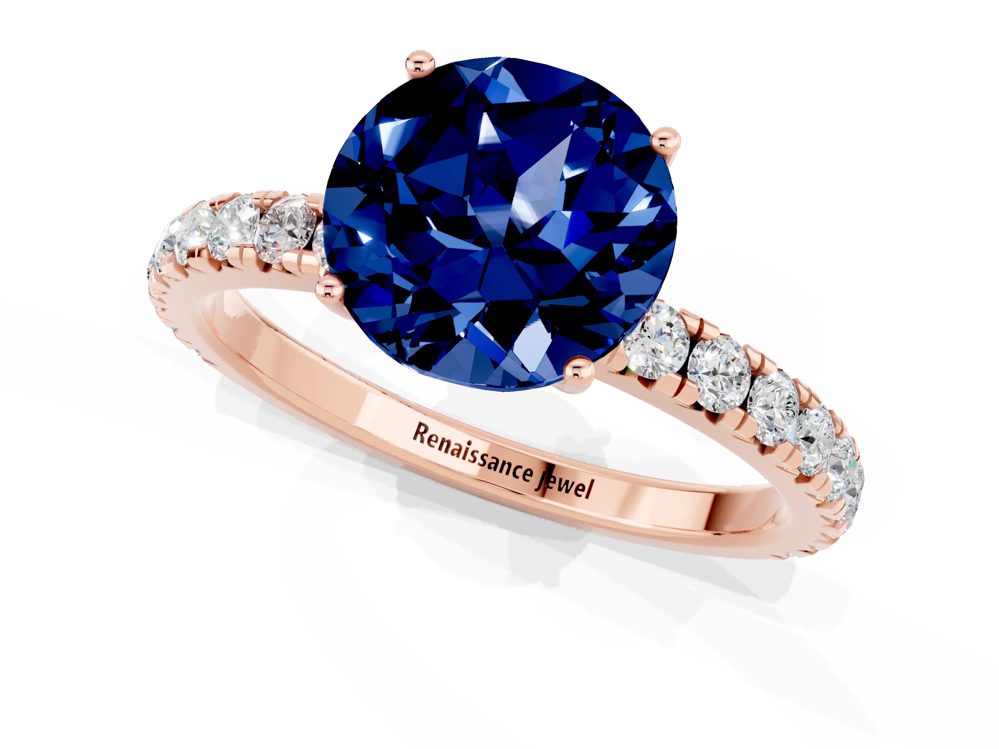 Rose gold Round Cut Blue Sapphire Pavé Solitaire Engagement Ring with Four-Prong Setting_13