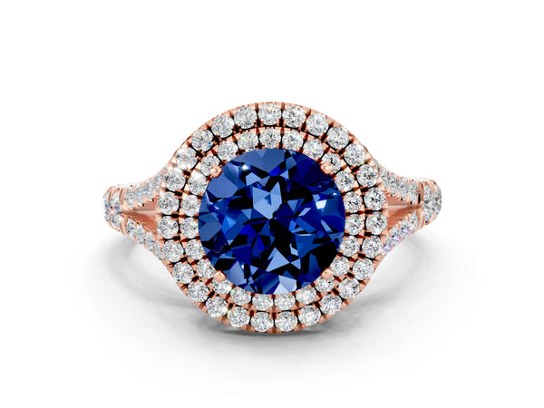 Rose gold Round Cut Blue Sapphire Pavé Split Shank Double Halo Engagement Ring