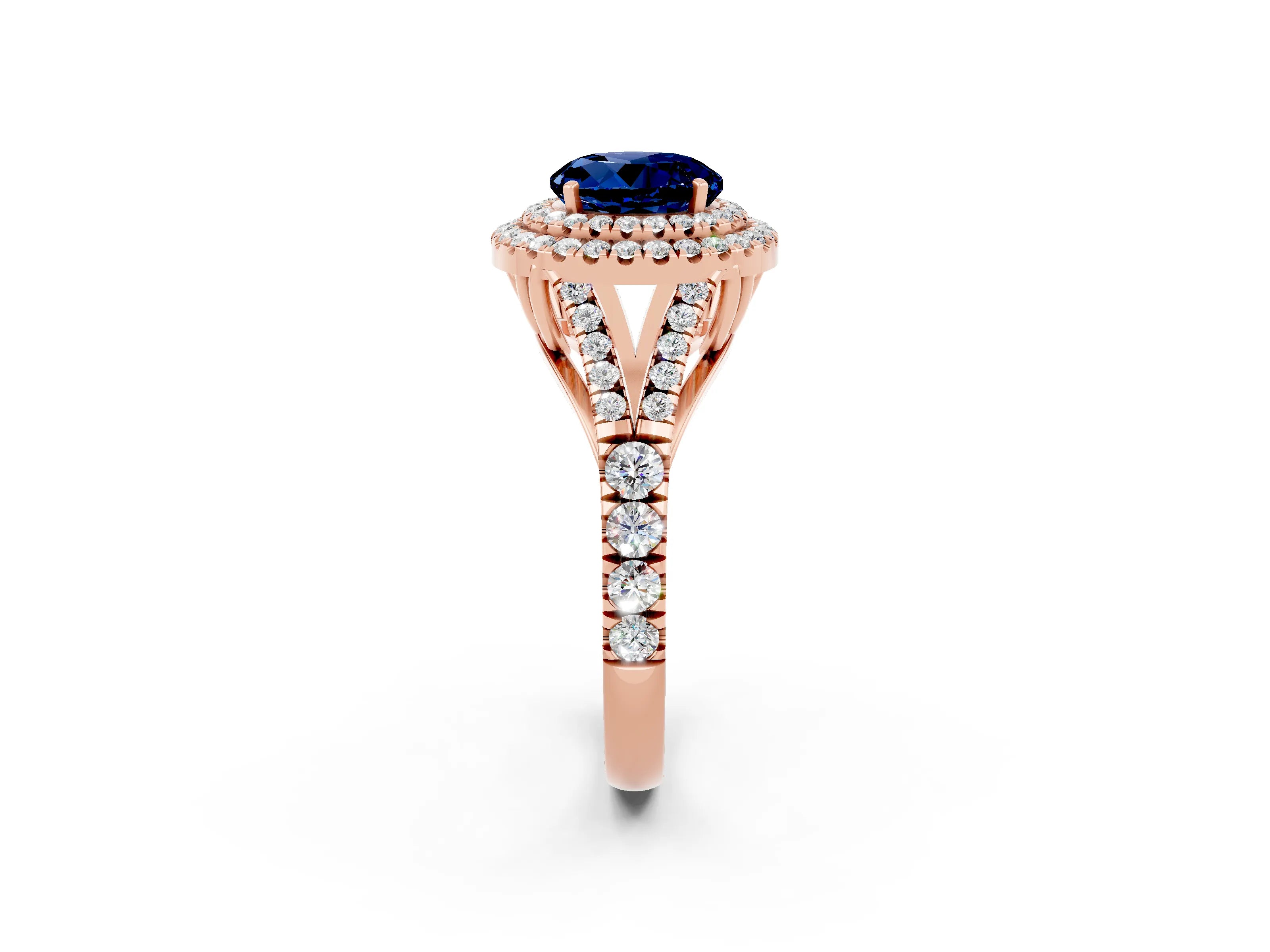 Rose gold Round Cut Blue Sapphire Pavé Split Shank Double Halo Engagement Ring_2