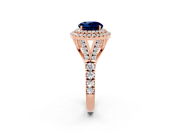 Rose gold Round Cut Blue Sapphire Pavé Split Shank Double Halo Engagement Ring