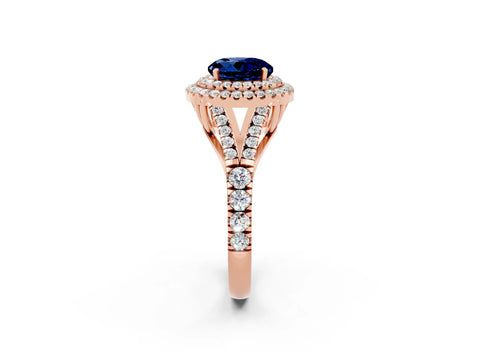 Rose gold Round Cut Blue Sapphire Pavé Split Shank Double Halo Engagement Ring_2