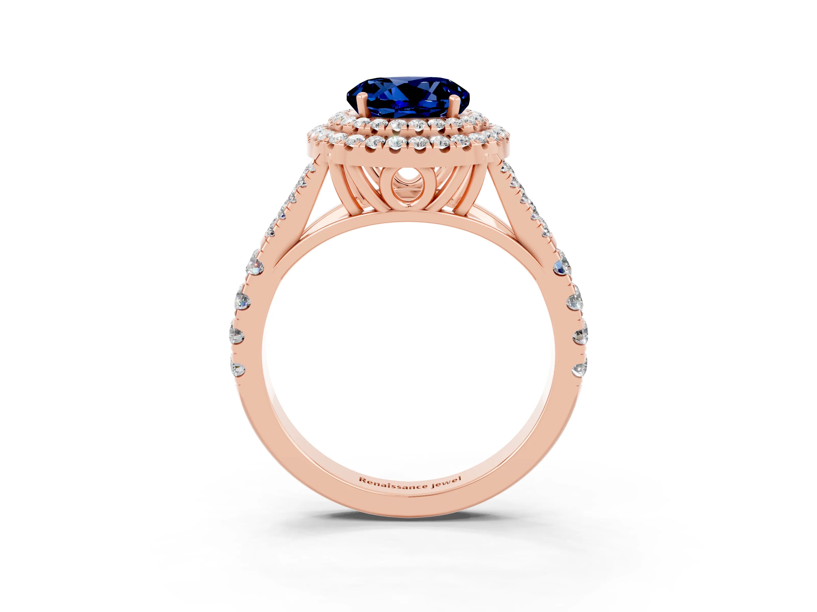 Rose gold Round Cut Blue Sapphire Pavé Split Shank Double Halo Engagement Ring_3