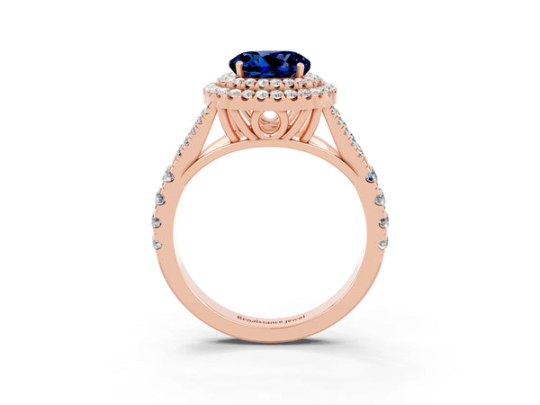 Rose gold Round Cut Blue Sapphire Pavé Split Shank Double Halo Engagement Ring