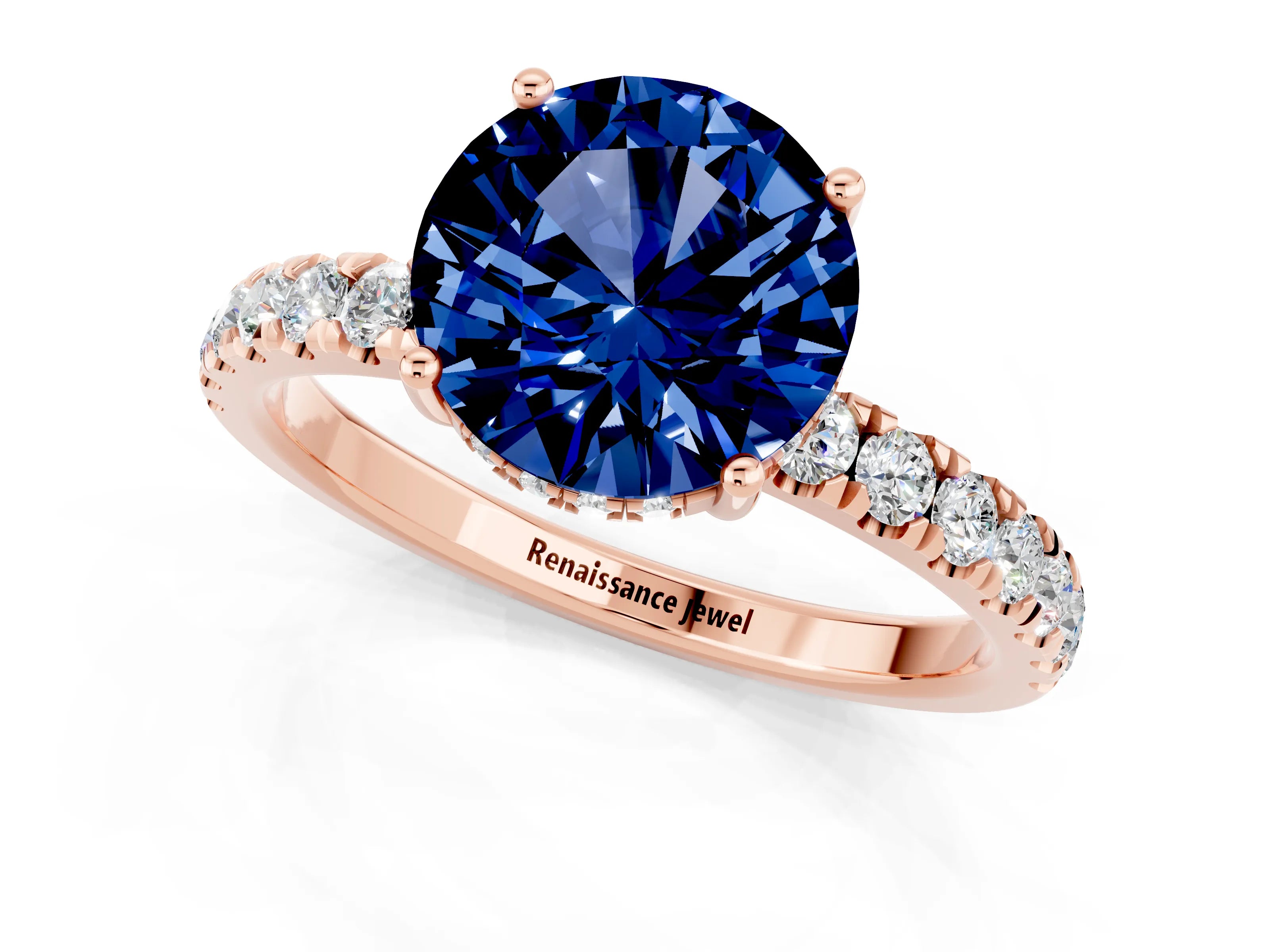 Rose gold Round Cut Blue Sapphire Pave Band Solitaire Ring with Four-Prong Setting_25
