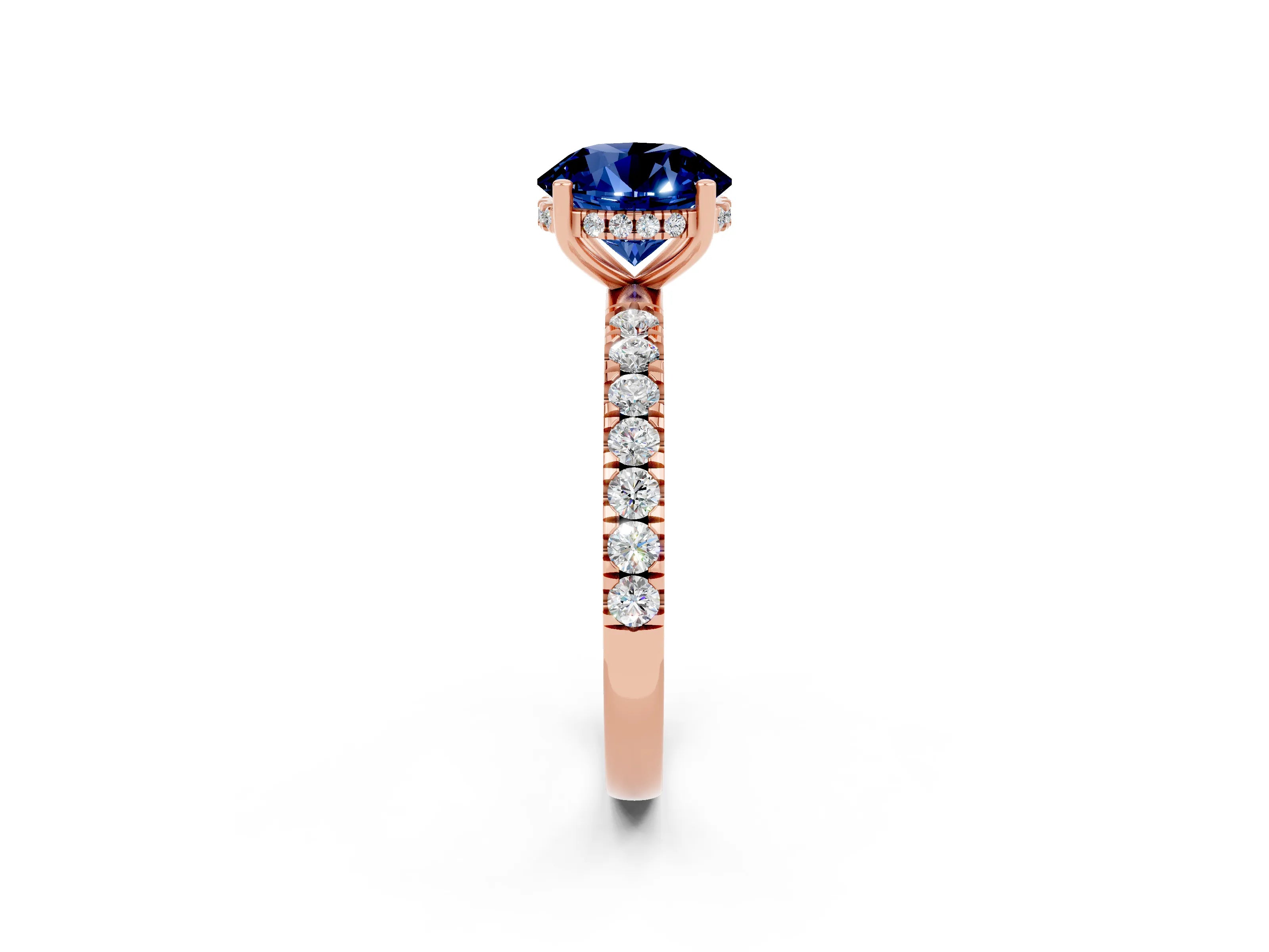 Rose gold Round Cut Blue Sapphire Pave Band Solitaire Ring with Four-Prong Setting_26