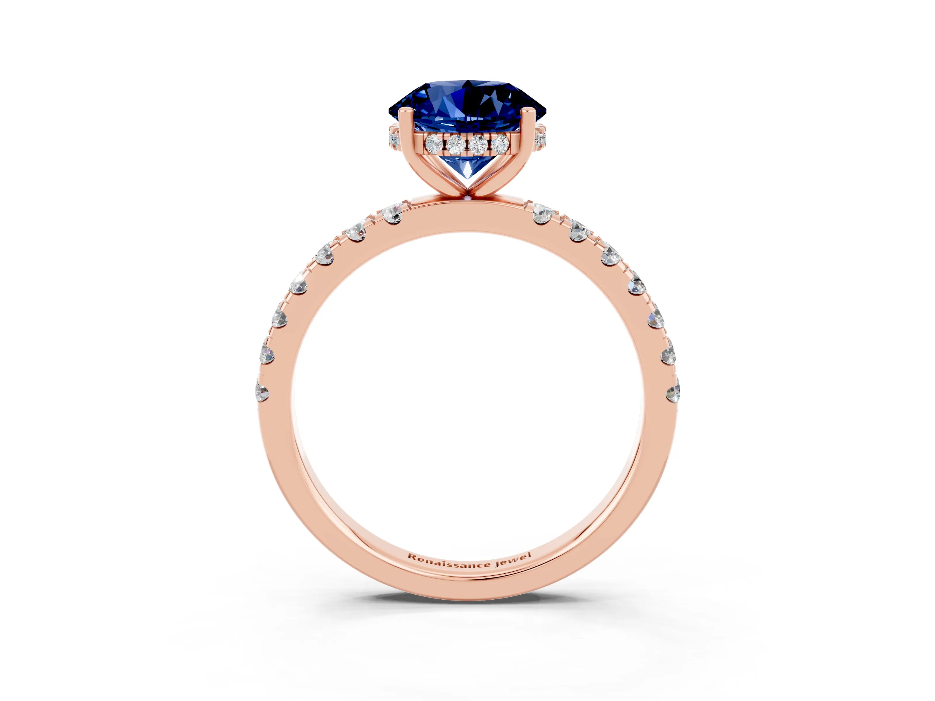 Rose gold Round Cut Blue Sapphire Pave Band Solitaire Ring with Four-Prong Setting_27