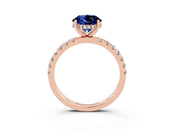 Rose gold Round Cut Blue Sapphire Pave Band Solitaire Ring with Round  and Prong Setting