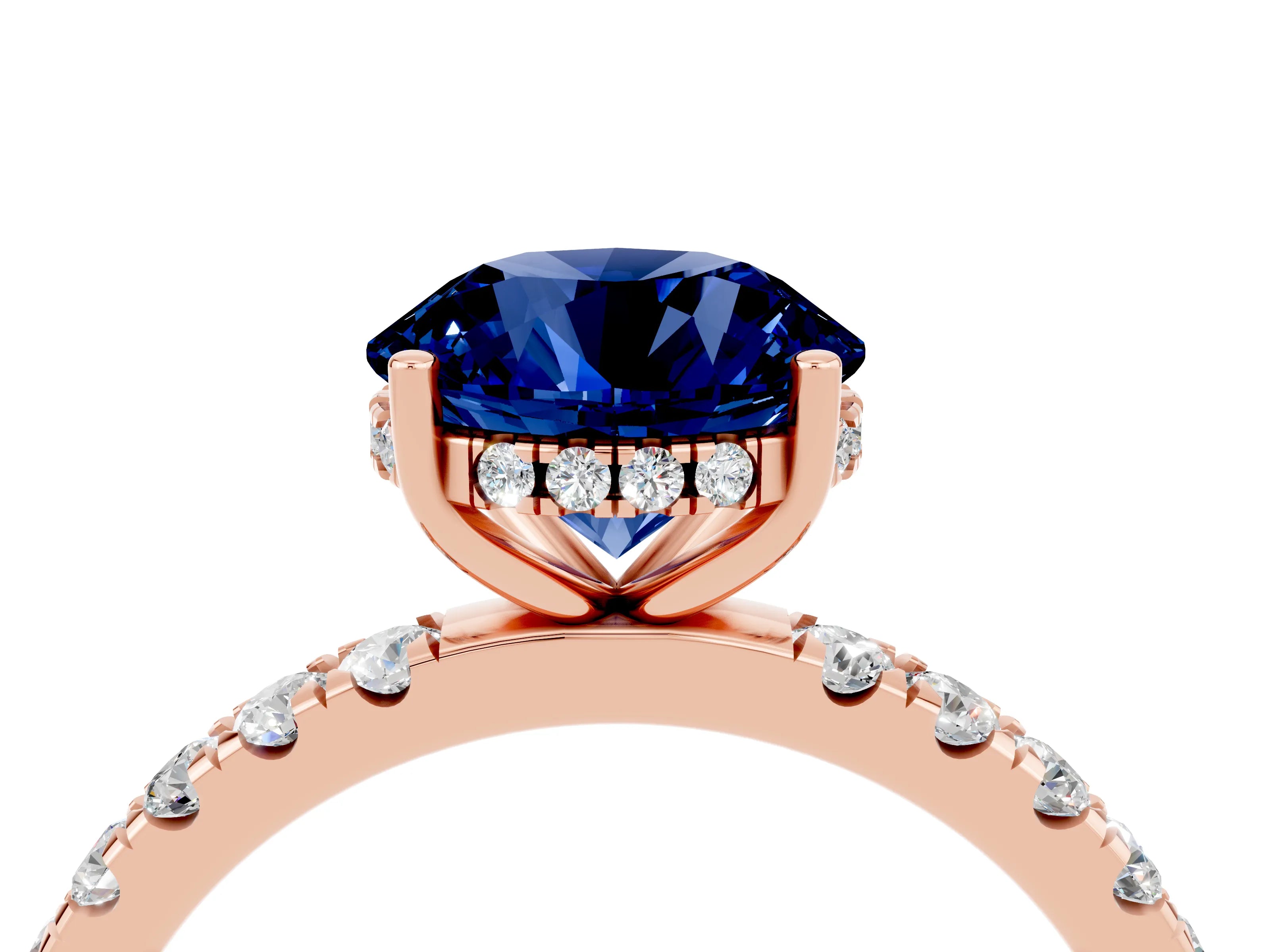 Rose gold Round Cut Blue Sapphire Pave Band Solitaire Ring with Four-Prong Setting_28