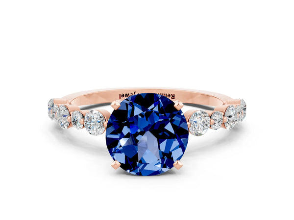 Rose gold Round Cut Blue Sapphire Prong Set Engagement Ring with Pavé Band