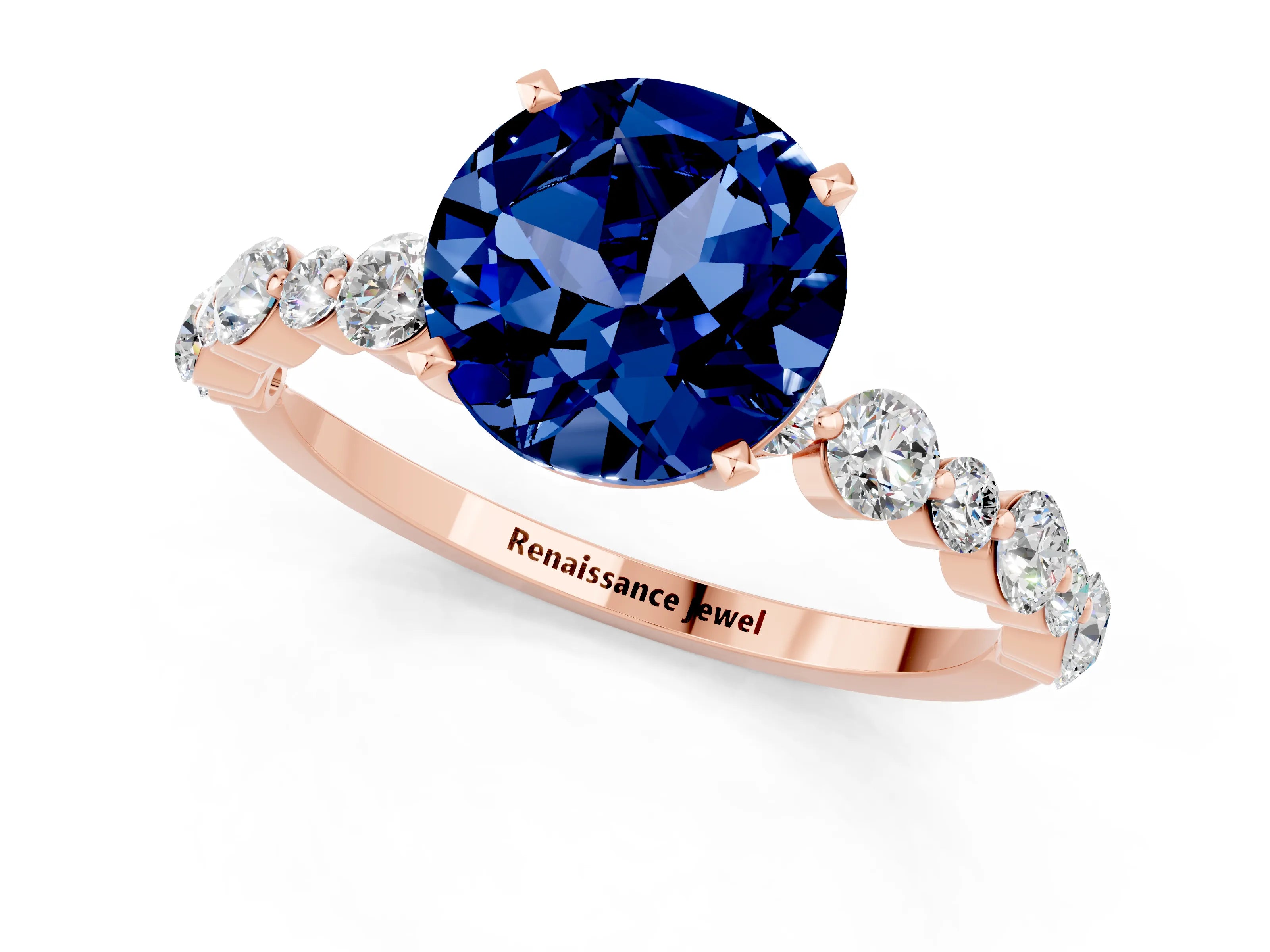 Rose gold Round Cut Blue Sapphire Prong Set Engagement Ring with Pavé Band_1