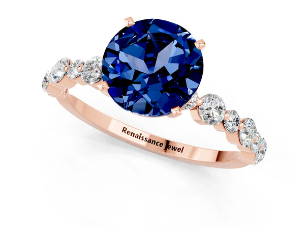 Rose gold Round Cut Blue Sapphire Prong Set Engagement Ring with Pavé Band