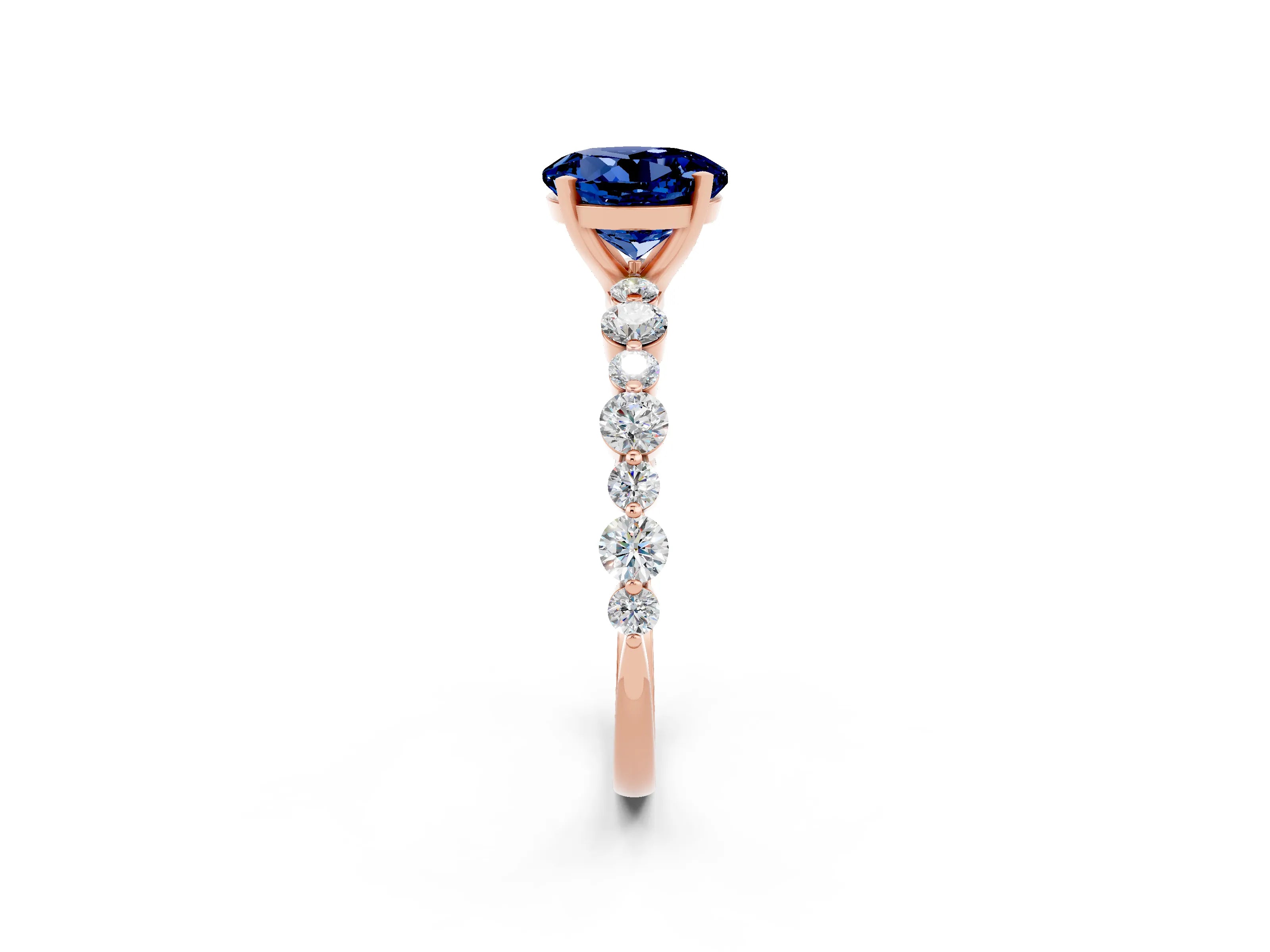 Rose gold Round Cut Blue Sapphire Prong Set Engagement Ring with Pavé Band_2