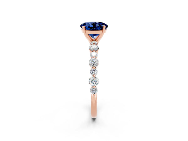 Rose gold Round Cut Blue Sapphire Prong Set Engagement Ring with Pavé Band