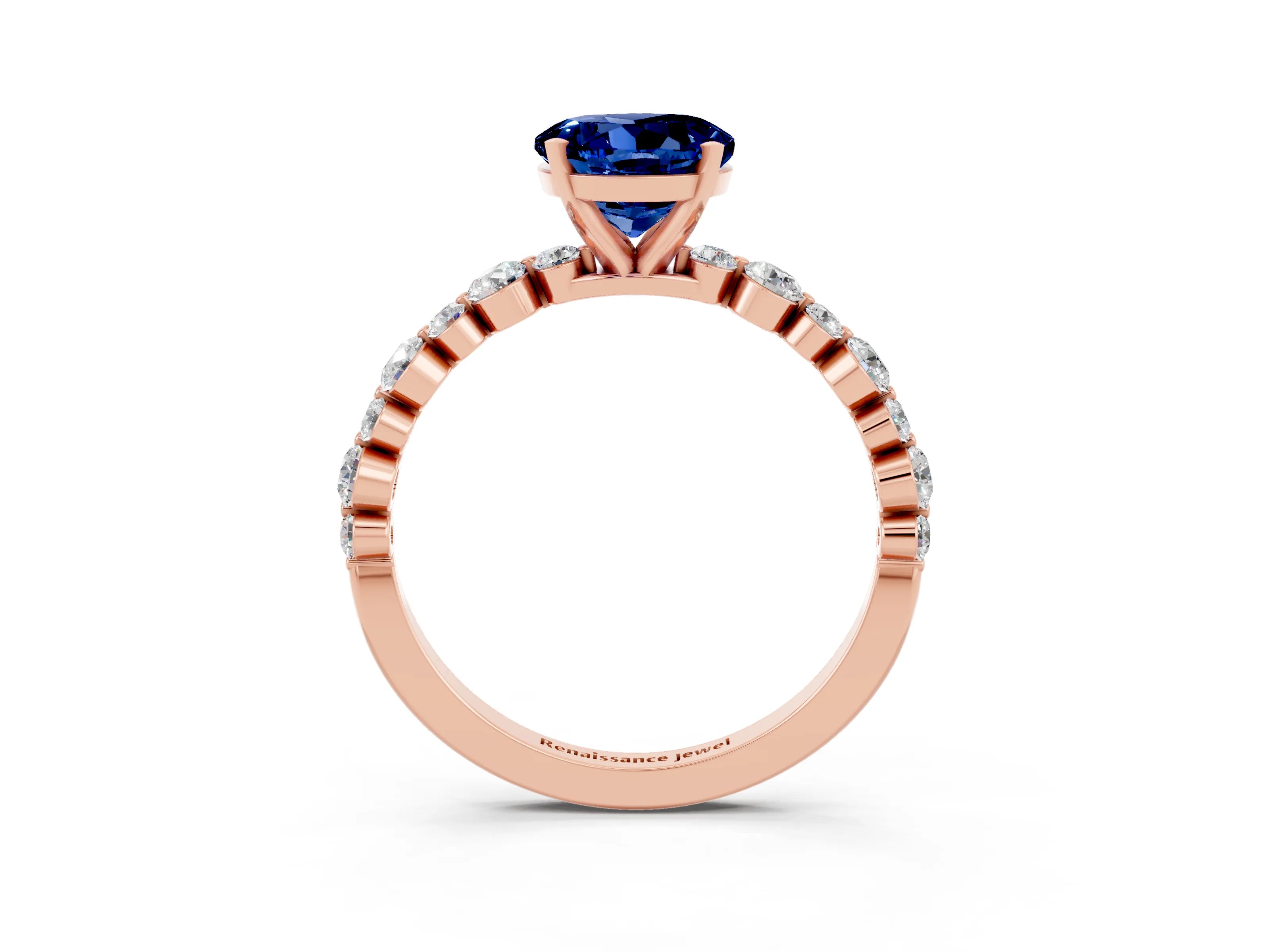 Rose gold Round Cut Blue Sapphire Prong Set Engagement Ring with Pavé Band_3