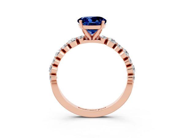 Rose gold Round Cut Blue Sapphire Prong Set Engagement Ring with Pavé Band