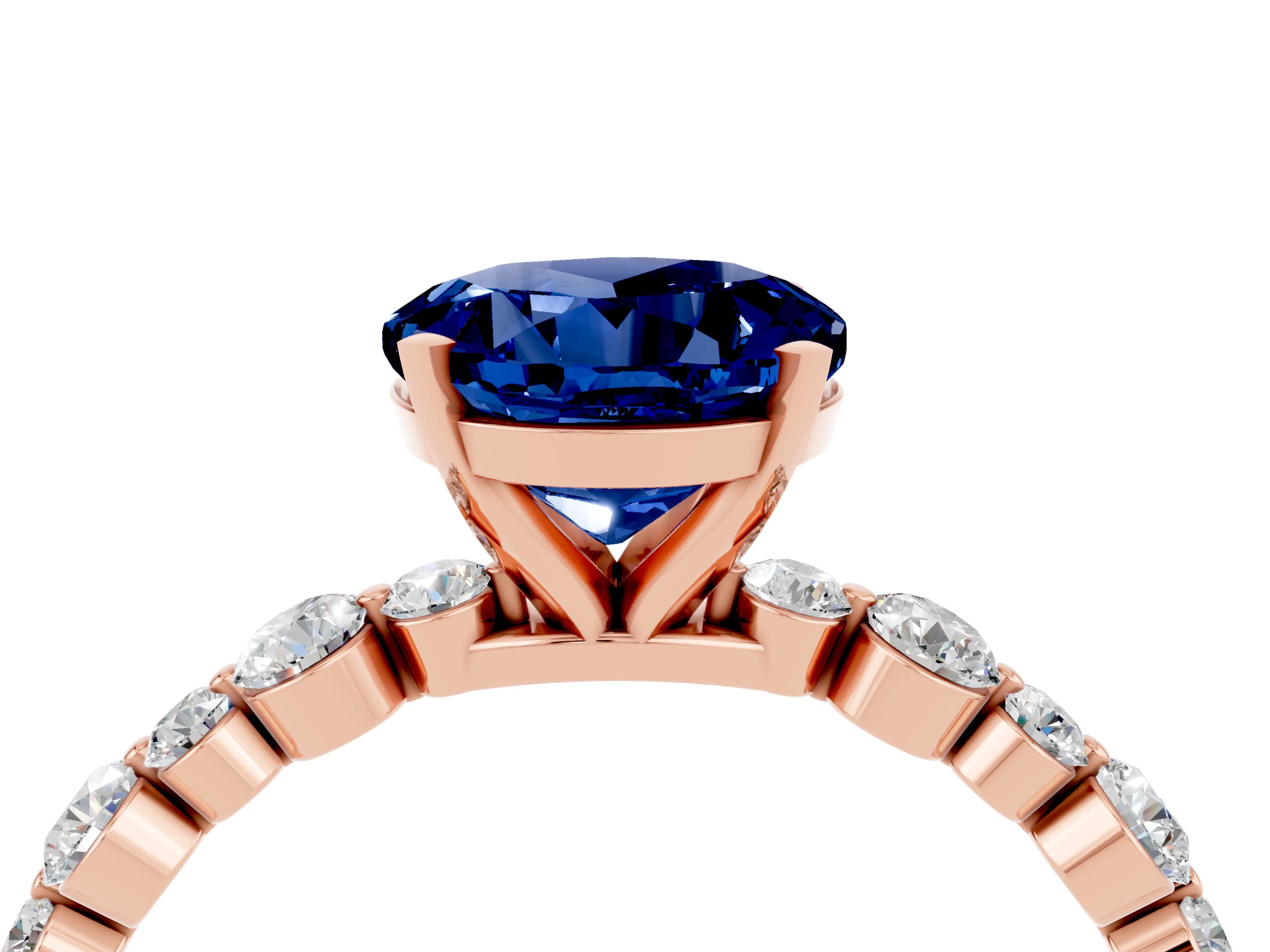 Rose gold Round Cut Blue Sapphire Prong Set Engagement Ring with Pavé Band_4