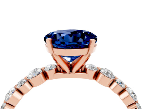 Rose gold Round Cut Blue Sapphire Prong Set Engagement Ring with Pavé Band_4