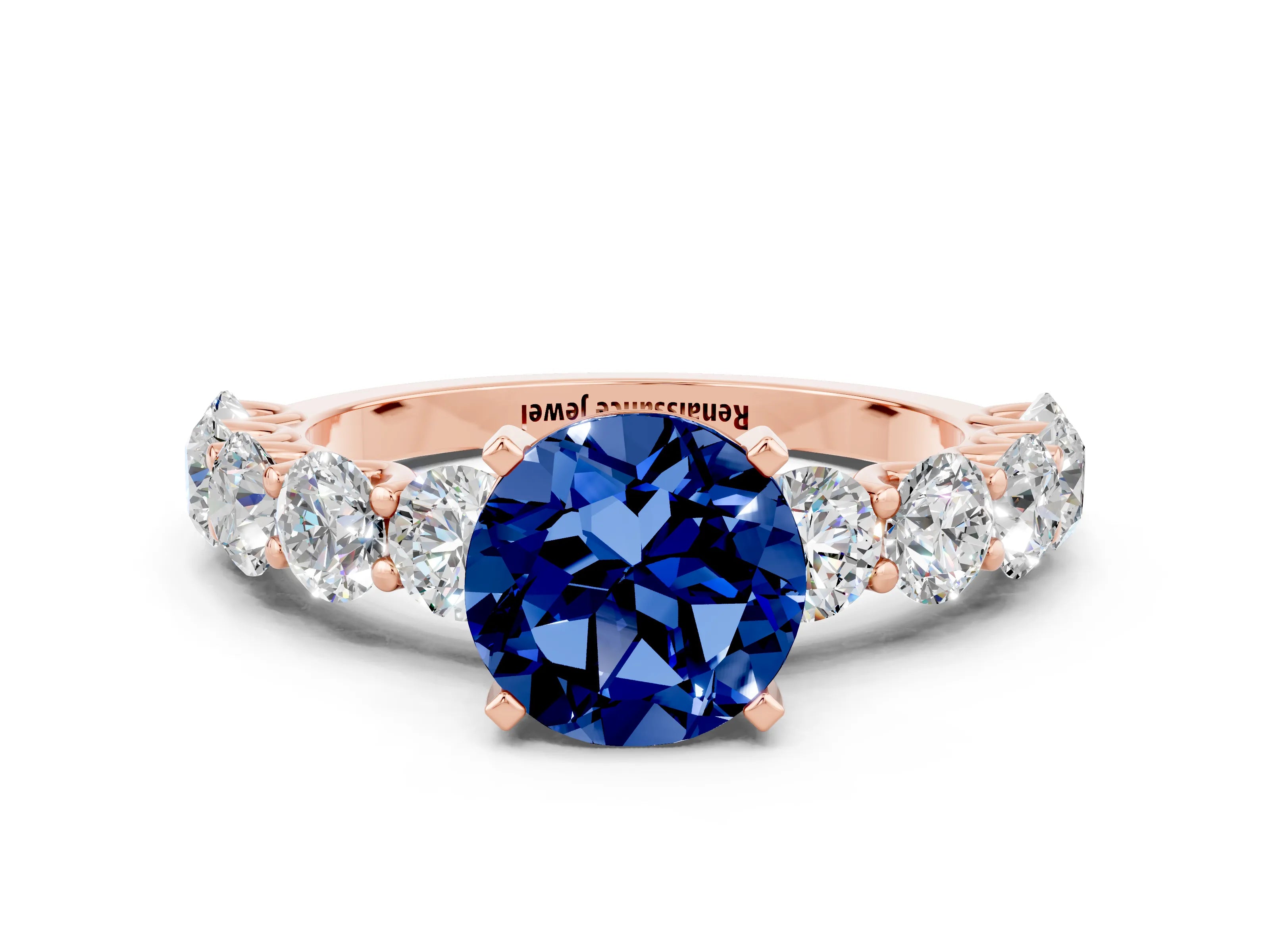 Rose gold Round Cut Blue Sapphire Prong Setting with Side Stones on a Pave Band