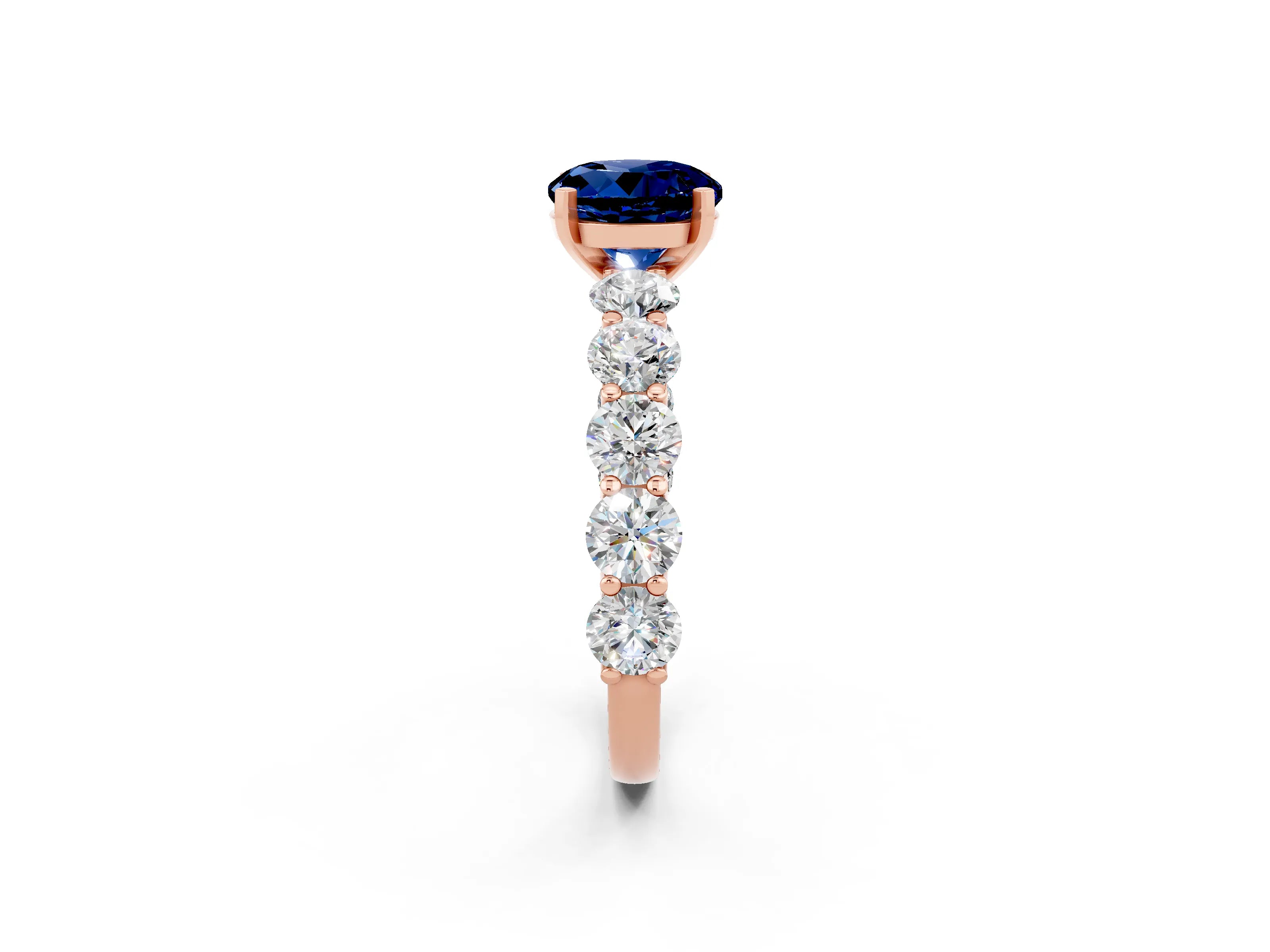 Rose gold Round Cut Blue Sapphire Prong Setting with Side Stones on a Pave Band_2