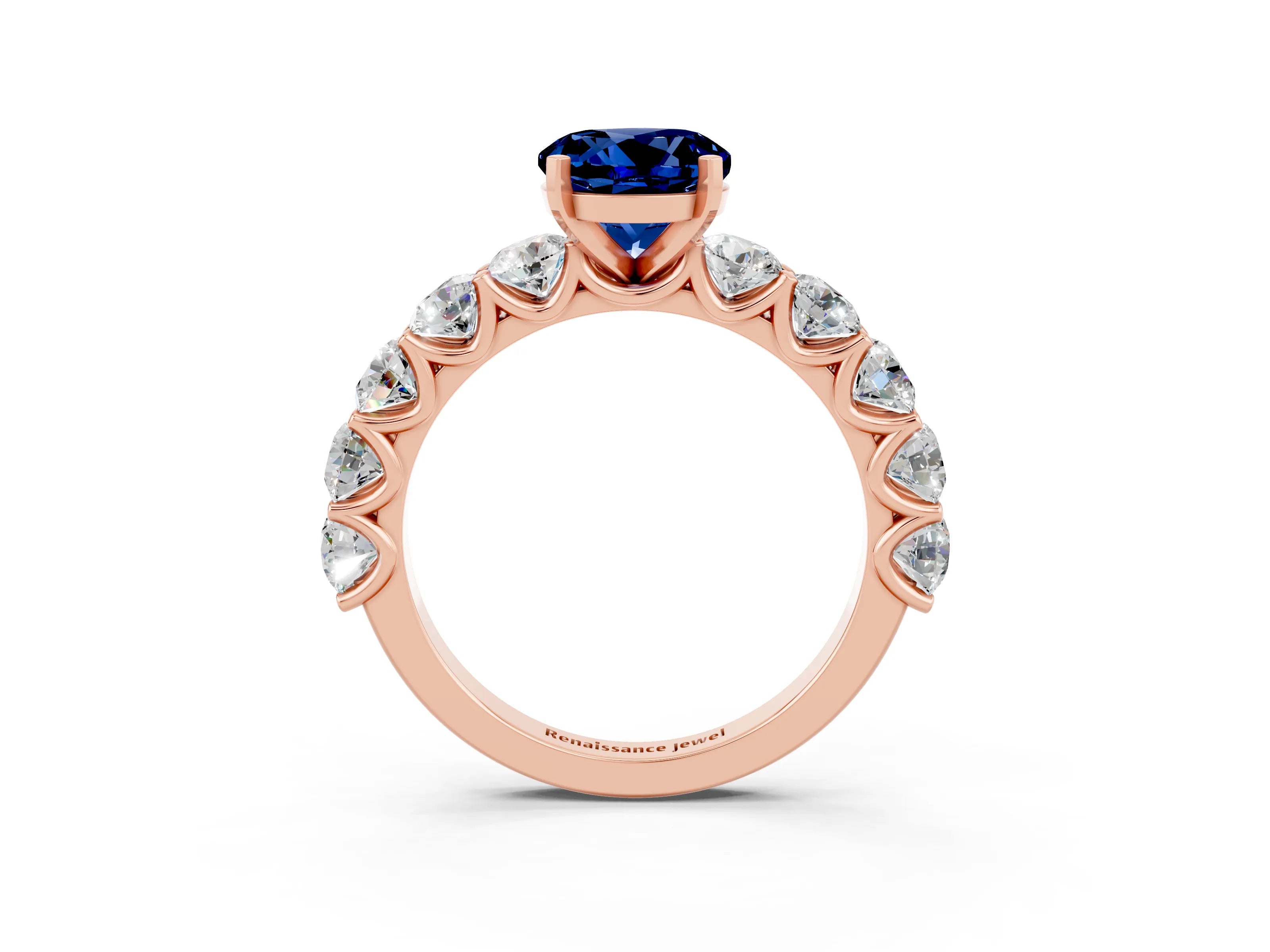 Rose gold Round Cut Blue Sapphire Prong Setting with Side Stones on a Pave Band_3