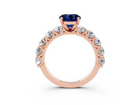 Rose gold Round Cut Blue Sapphire Prong Setting with Side Stones on a Pave Band_3