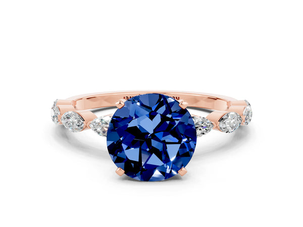 Rose gold Round Cut Blue Sapphire Ring with Marquise Side Stones and Prong Setting