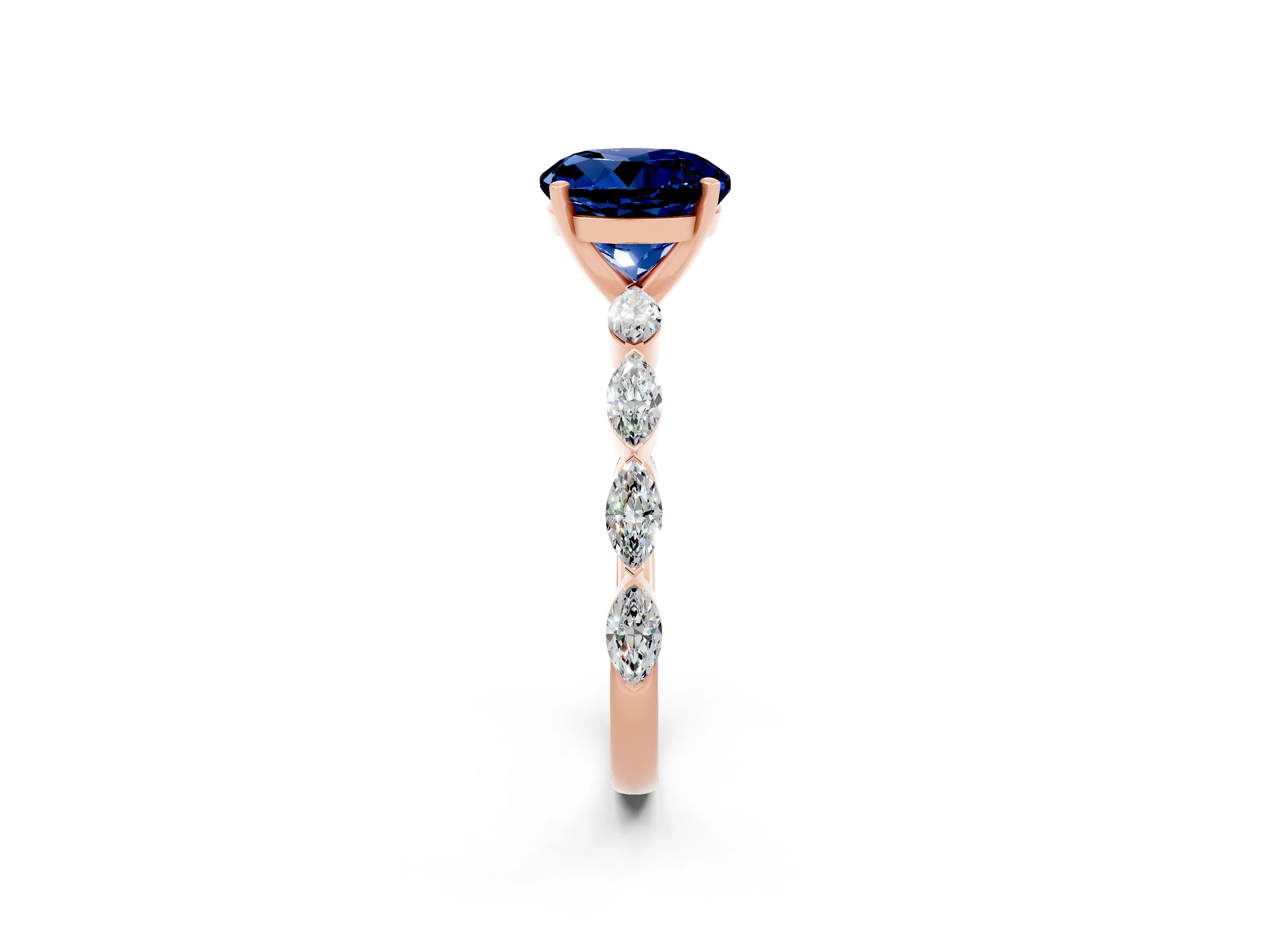 Rose gold Round Cut Blue Sapphire Ring with Marquise Side Stones and Prong Setting_2