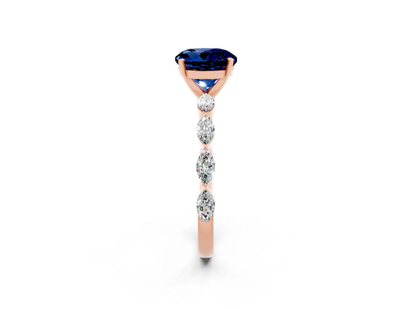 Rose gold Round Cut Blue Sapphire Ring with Marquise Side Stones and Prong Setting