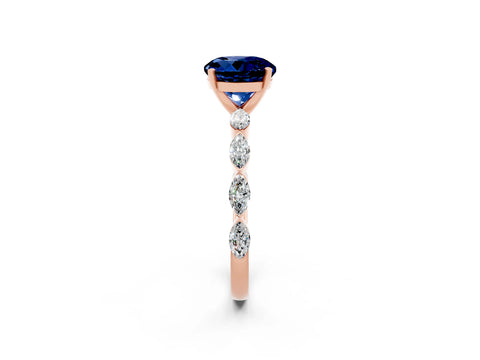 Rose gold Round Cut Blue Sapphire Ring with Marquise Side Stones and Prong Setting_2