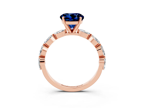 Rose gold Round Cut Blue Sapphire Ring with Marquise Side Stones and Prong Setting