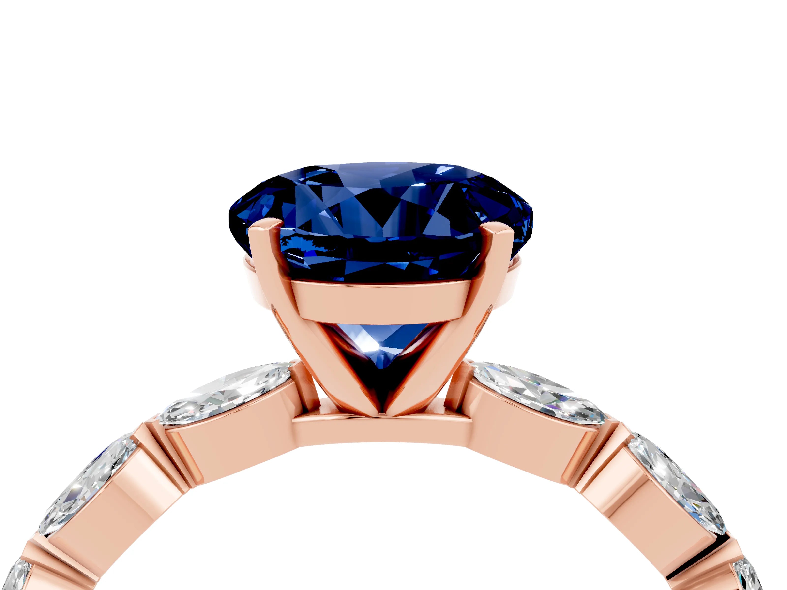 Rose gold Round Cut Blue Sapphire Ring with Marquise Side Stones and Prong Setting_4