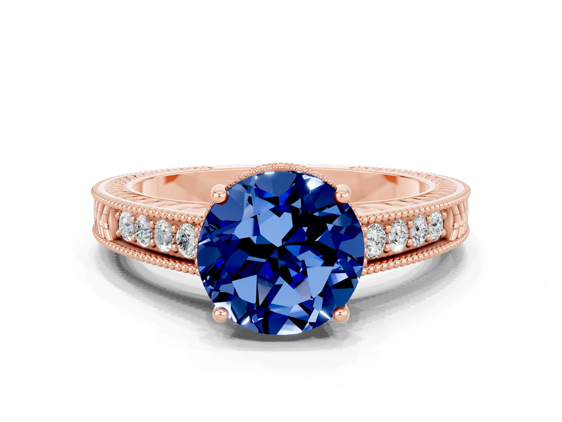 Rose gold Round Cut Blue Sapphire Ring with Milgrain Pavé Band and Four-Prong Setting_12