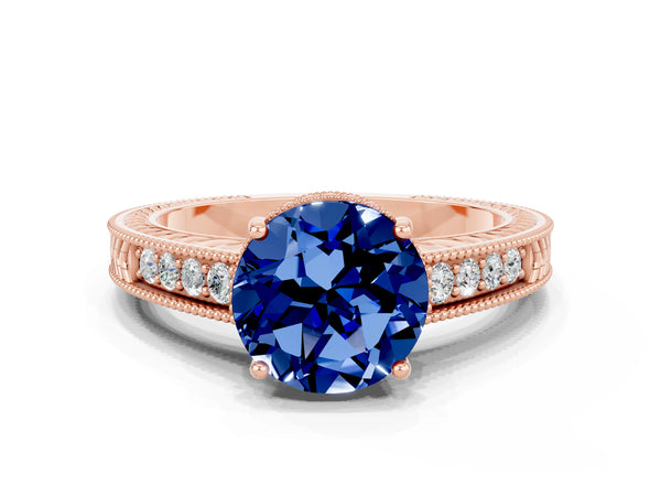 Rose gold Round Cut Blue Sapphire Ring with Milgrain Pavé Band and Four-Prong Setting
