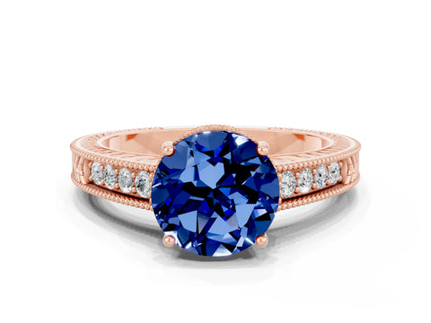 Rose gold Round Cut Blue Sapphire Ring with Milgrain Pavé Band and Four-Prong Setting_12
