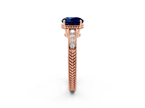 Rose gold Round Cut Blue Sapphire Ring with Milgrain Pavé Band and Four-Prong Setting_14
