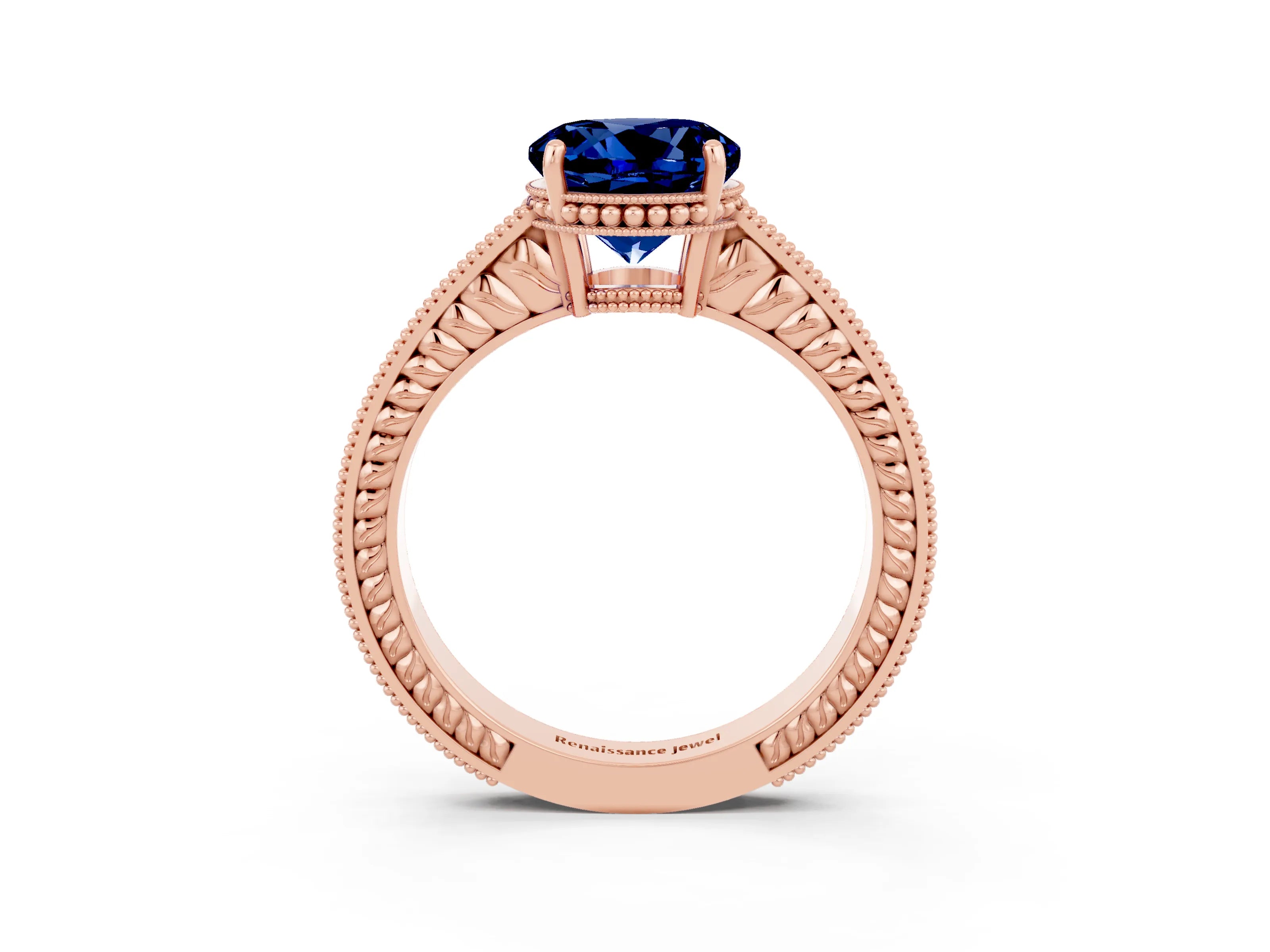 Rose gold Round Cut Blue Sapphire Ring with Milgrain Pavé Band and Four-Prong Setting_15