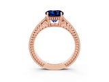 Rose gold Round Cut Blue Sapphire Ring with Milgrain Pavé Band and Four-Prong Setting_15