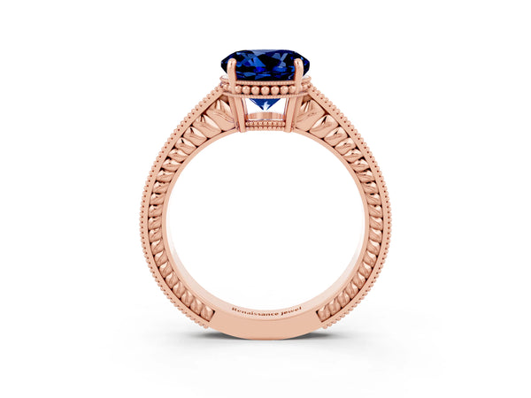 Rose gold Round Cut Blue Sapphire Ring with Milgrain Pavé Band and Four-Prong Setting