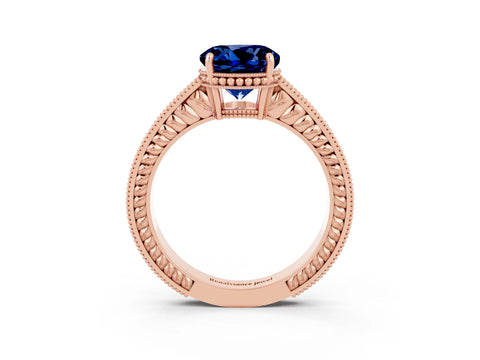 Rose gold Round Cut Blue Sapphire Ring with Milgrain Pavé Band and Four-Prong Setting_15