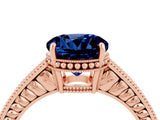 Rose gold Round Cut Blue Sapphire Ring with Milgrain Pavé Band and Four-Prong Setting_16