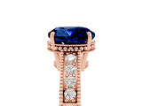 Rose gold Round Cut Blue Sapphire Ring with Milgrain Pavé Band and Four-Prong Setting_17