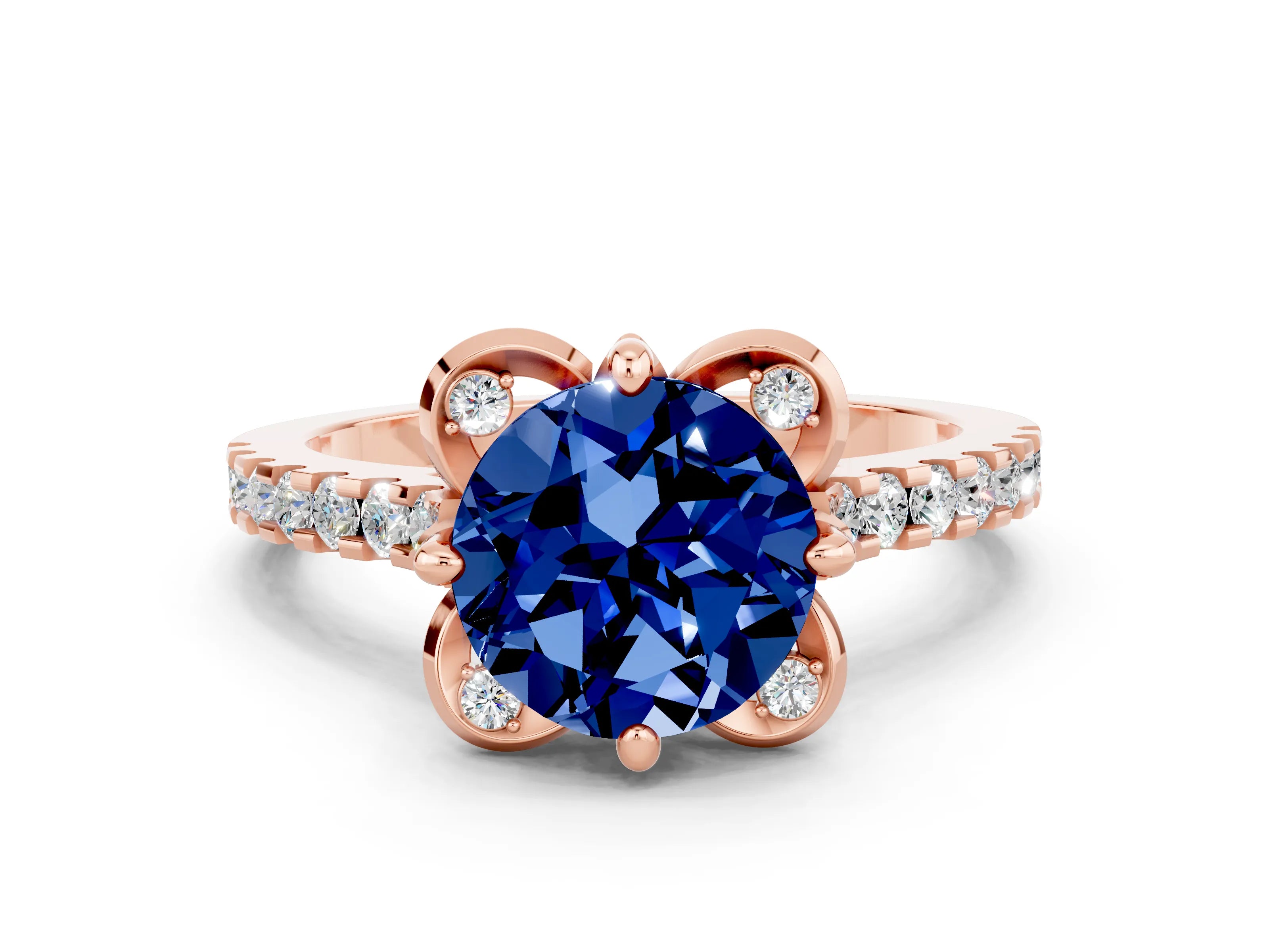 Rose gold Round Cut Blue Sapphire Ring with Pavé Band and Floral Prong Setting