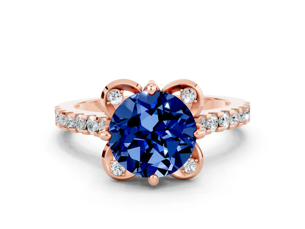 Rose gold Round Cut Blue Sapphire Ring with Pavé Band and Floral Prong Setting