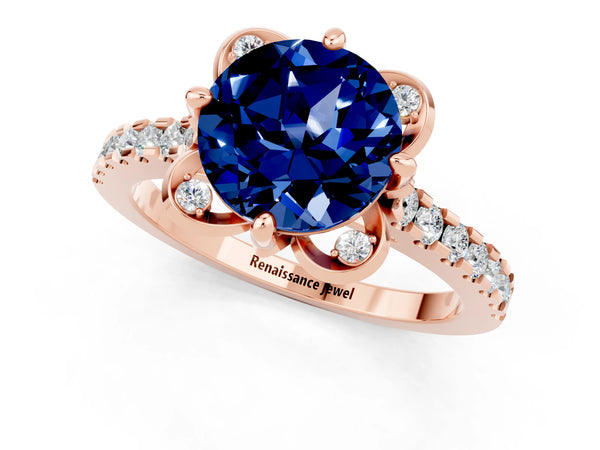 Rose gold Round Cut Blue Sapphire Ring with Pavé Band and Floral Prong Setting