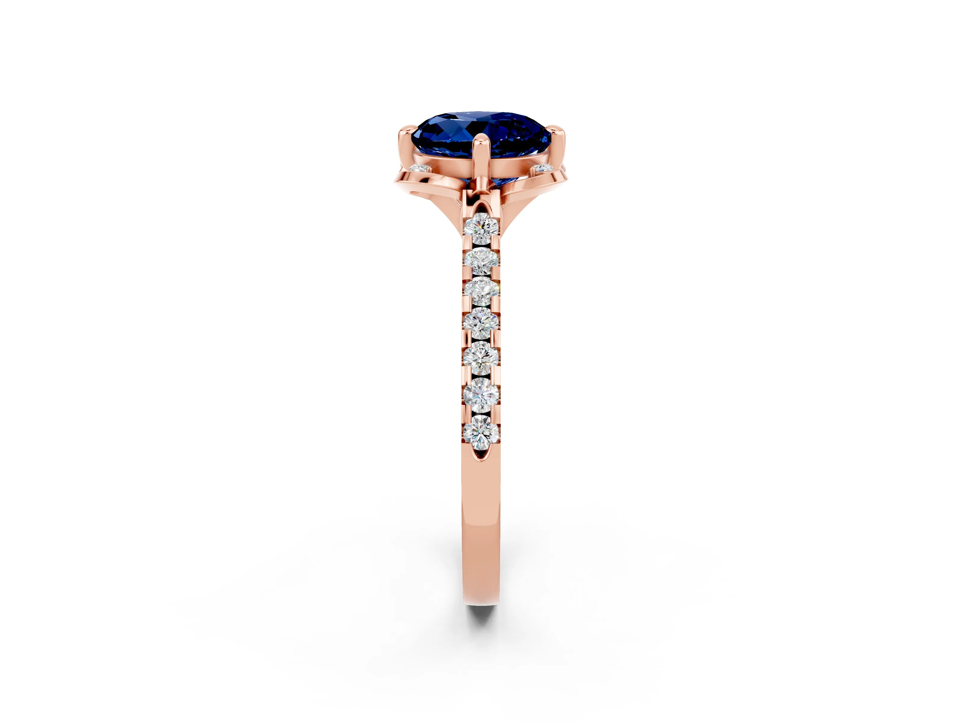 Rose gold Round Cut Blue Sapphire Ring with Pavé Band and Floral Prong Setting_2