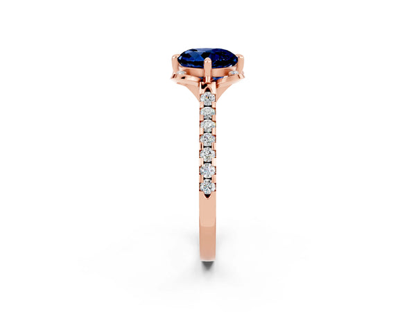 Rose gold Round Cut Blue Sapphire Ring with Pavé Band and Floral Prong Setting