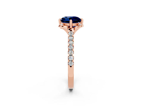 Rose gold Round Cut Blue Sapphire Ring with Pavé Band and Floral Prong Setting_2