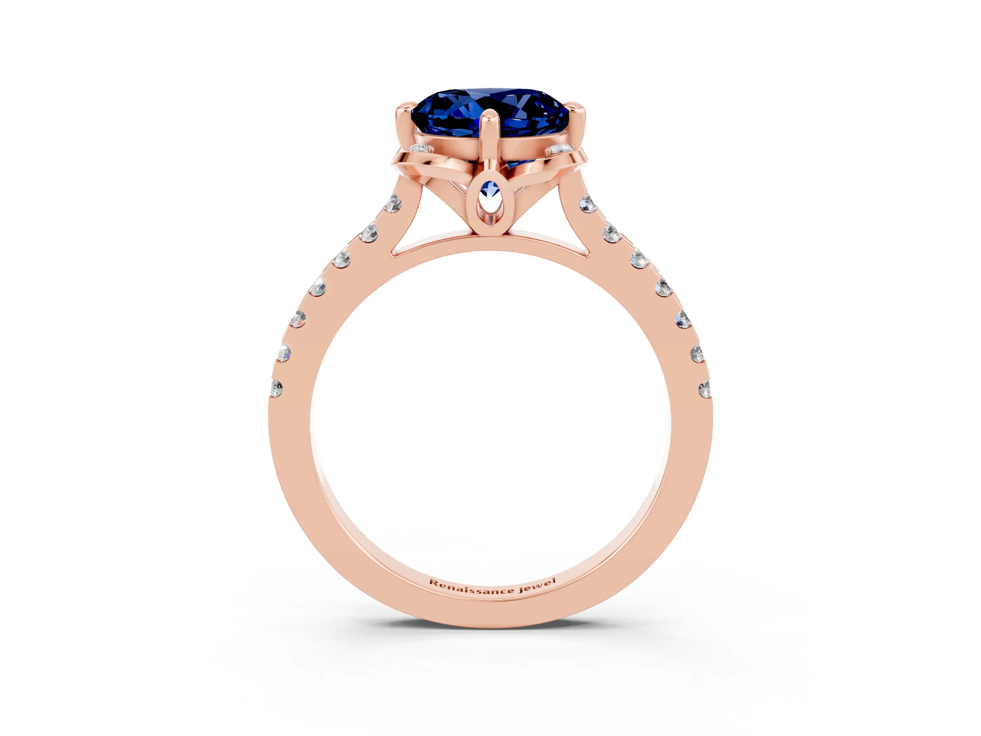 Rose gold Round Cut Blue Sapphire Ring with Pavé Band and Floral Prong Setting_3