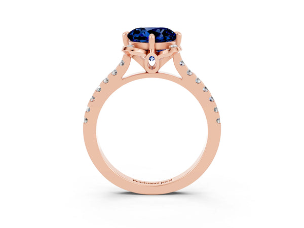 Rose gold Round Cut Blue Sapphire Ring with Pavé Band and Floral Prong Setting