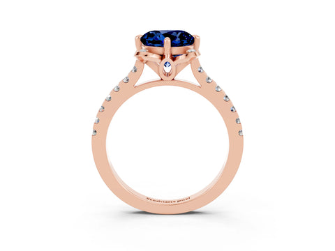 Rose gold Round Cut Blue Sapphire Ring with Pavé Band and Floral Prong Setting_3
